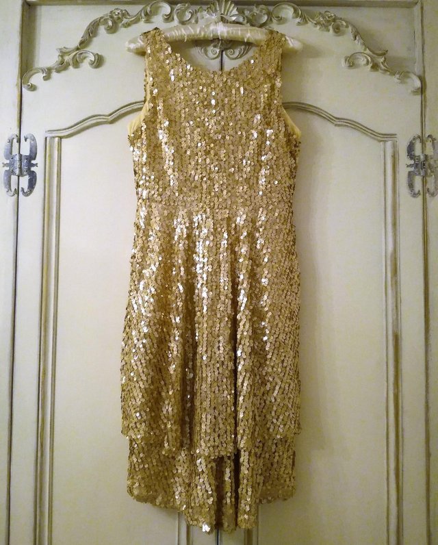 Image 3 of DESIGNER SEQUIN DRESS Peach Gold Short 2 Tier Ruffle Shimmer