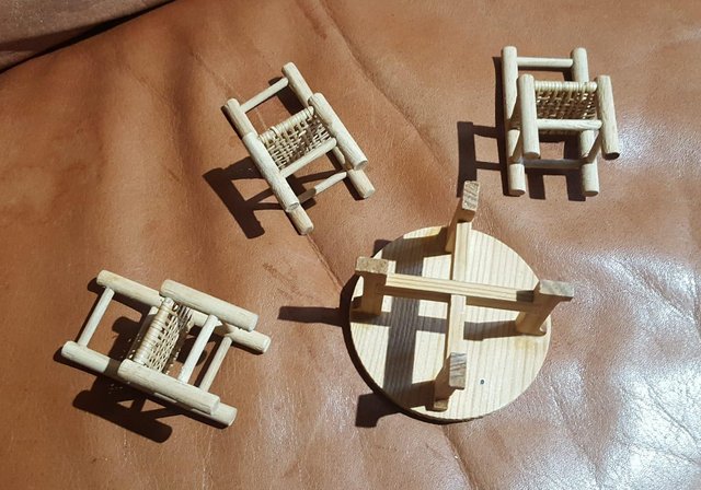 Preview of the first image of Dolls house wooden dining table & 3x wicker chairs.