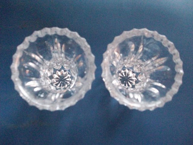 Image 2 of PAIR OF VINTAGE HEAVY BASE CUT GLASS BUD VASES 2½” TALL 1930