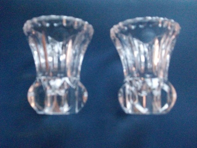 Preview of the first image of PAIR OF VINTAGE HEAVY BASE CUT GLASS BUD VASES 2½” TALL 1930.