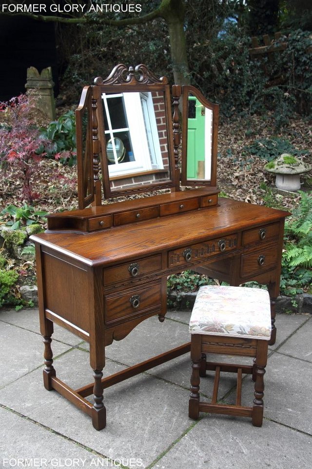 Image 2 of OLD CHARM LIGHT OAK DRESSING TABLE VANITY MIRROR STOOL STAND