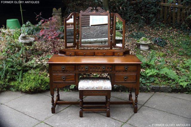 Preview of the first image of OLD CHARM LIGHT OAK DRESSING TABLE VANITY MIRROR STOOL STAND.