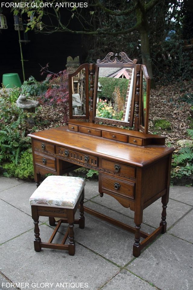 Image 66 of OLD CHARM LIGHT OAK DRESSING TABLE VANITY MIRROR STOOL STAND