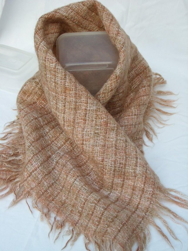 Preview of the first image of AVOCA Vintage Irish Hand Woven Beige Wool Scarf.