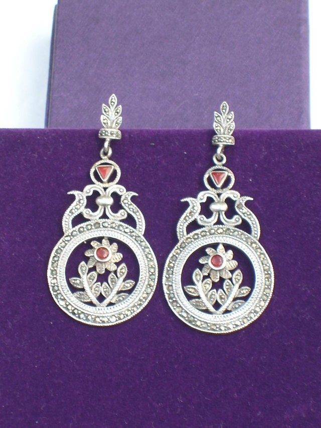Image 5 of 925 Sterling Silver Marcasite Drop Earrings