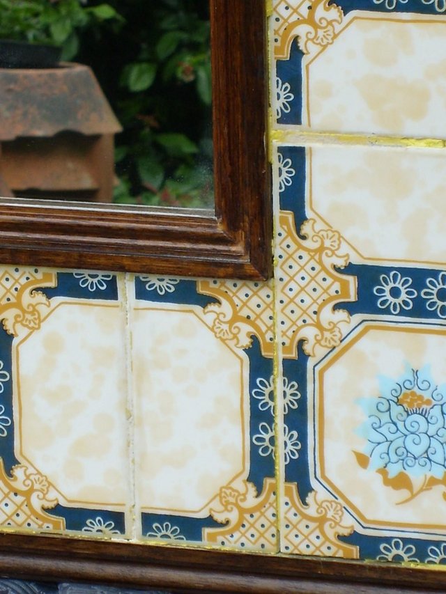 Image 4 of Vintage Square Mirror With Cream/Blue Tile Frame