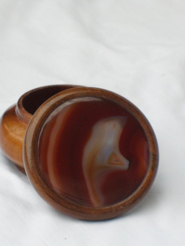 Preview of the first image of Vintage Turned Wood Pot With Agate Inlay Lid.
