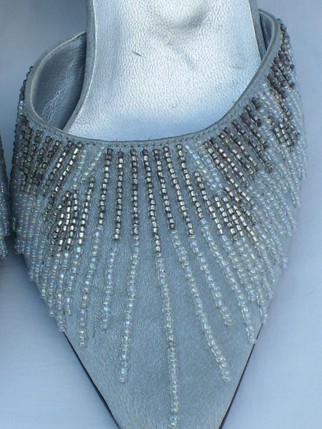 Image 3 of FARFALLA Silver Satin Beaded Shoes–Size 3/36 NEW!