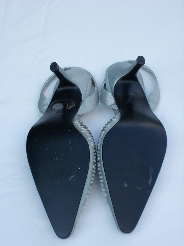Image 5 of FARFALLA Silver Satin Beaded Shoes–Size 3/36 NEW!