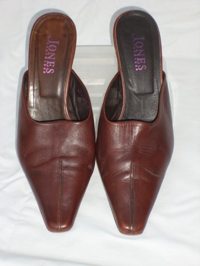 Preview of the first image of JONES BOOTMAKER Brown Leather Mule Shoes – Size 5/38.