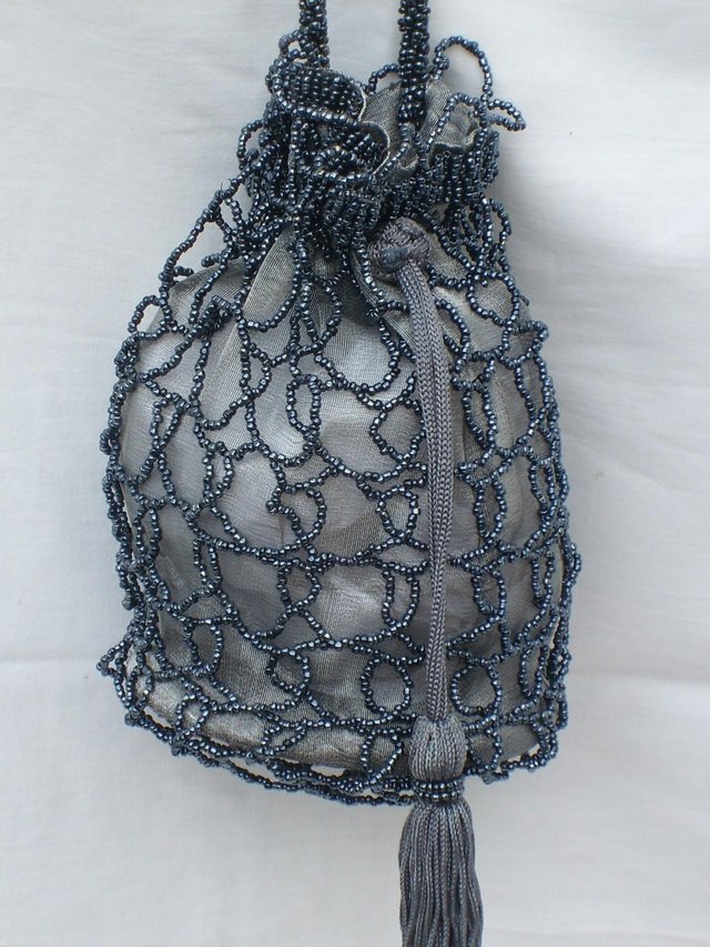 Image 6 of Silver/Grey Beaded Drawstring Bag NEW