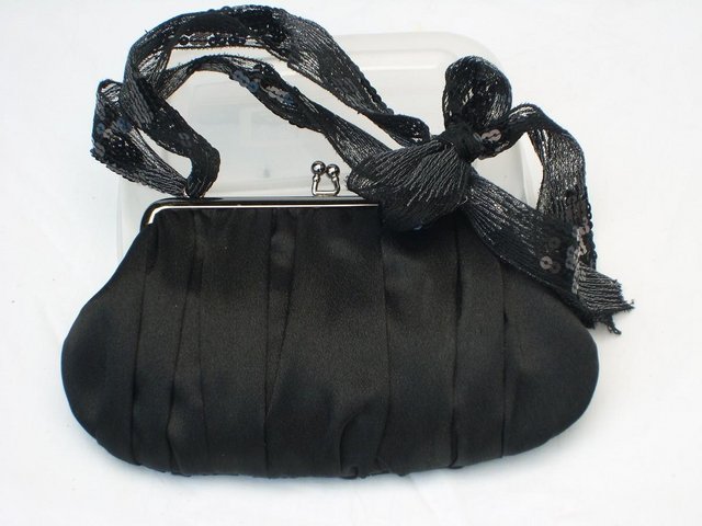Image 4 of ACCESSORIZE Black Satin Snap Top Eve Handbag & Ribbon Handle