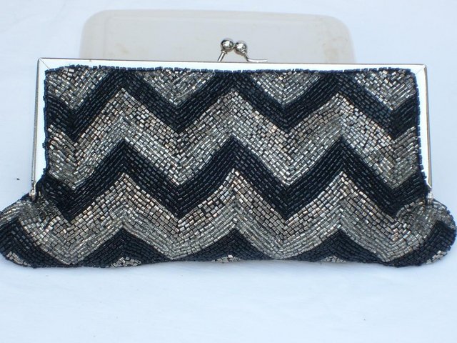 Image 2 of M&S Black & Silver Zigzag Beaded Handbag/Clutch - NEW