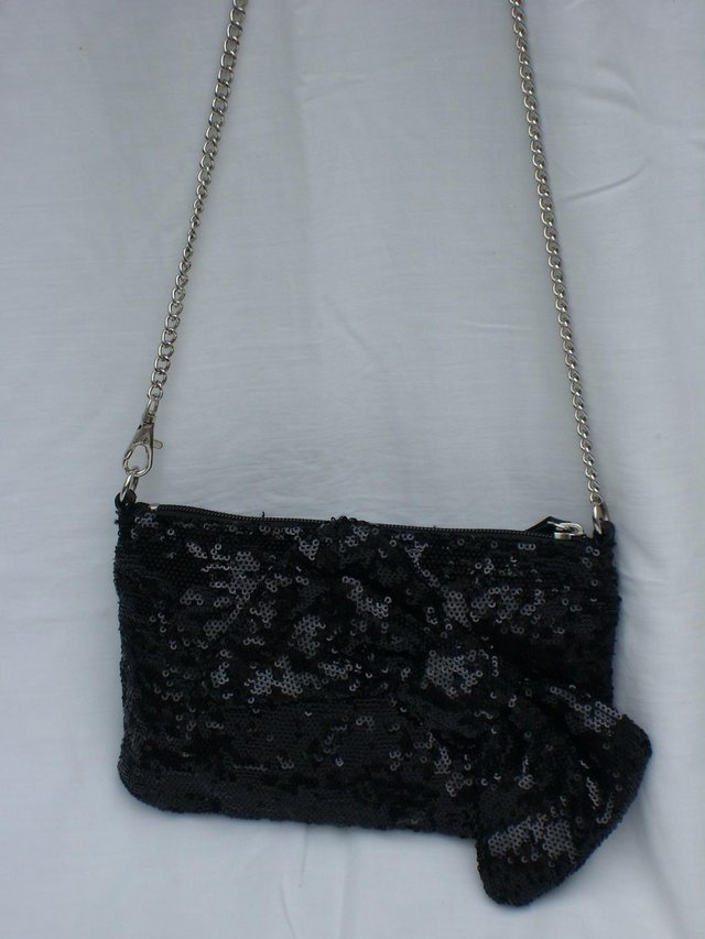 Image 5 of Black Sequin Cross Body Evening Handbag With Bow Detail