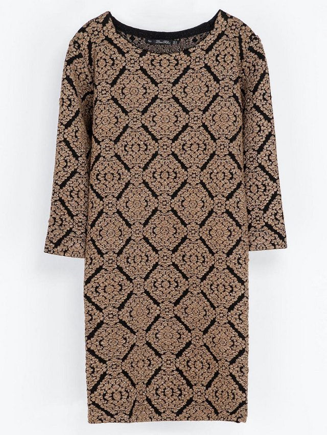 Image 2 of Zara knit jumper dress black/gold winter sweater size Large