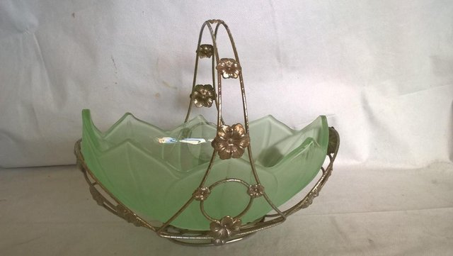 Preview of the first image of Cut green Glass Vintage Posy/fruit  Bowl in a  Metal.