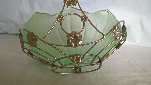 Image 2 of Cut green Glass Vintage Posy/fruit  Bowl in a  Metal