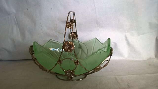 Image 3 of Cut green Glass Vintage Posy/fruit  Bowl in a  Metal