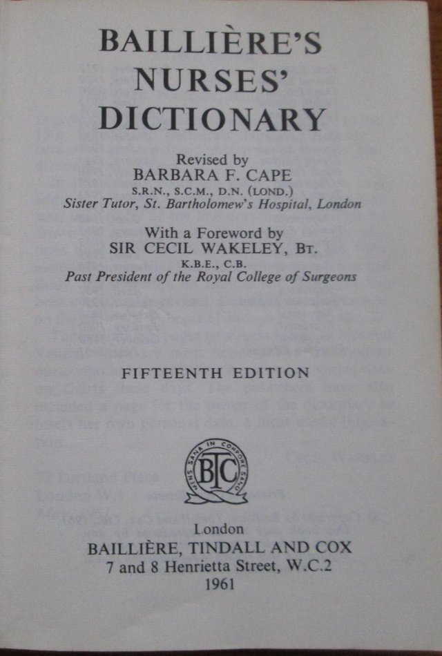 Preview of the first image of Bailliere's Nurses Dictionary 15th edition 1961(incl P&P).