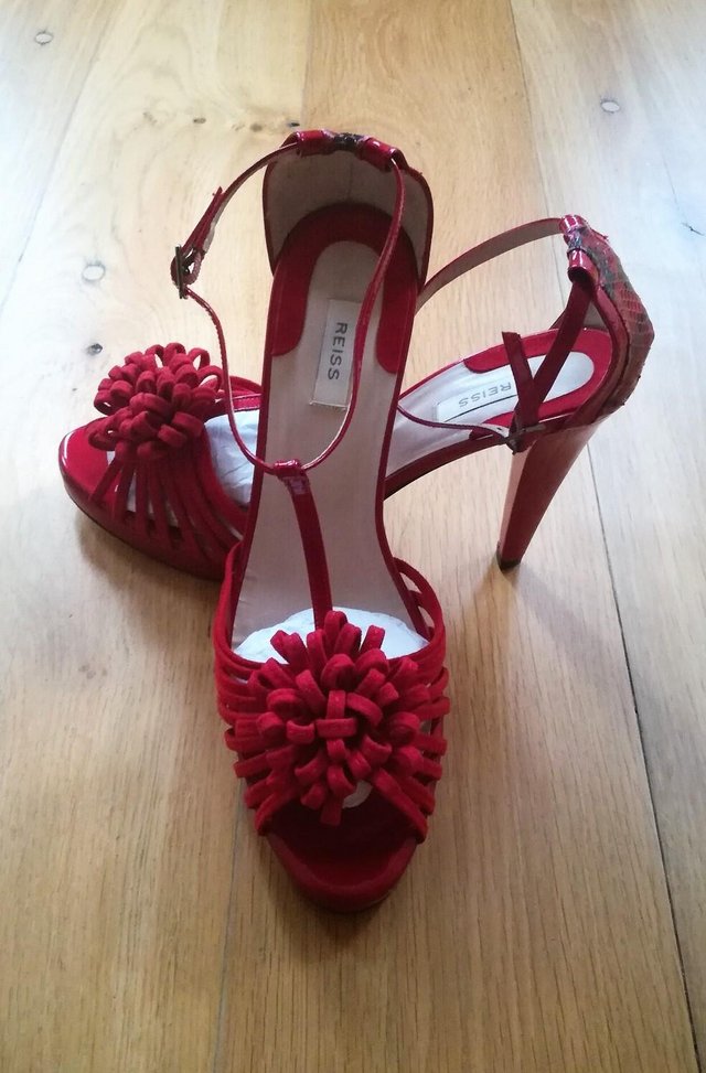 Preview of the first image of REISS RED SANDALS SUEDE PATENT LEATHER SHOES Peep Toe 41.