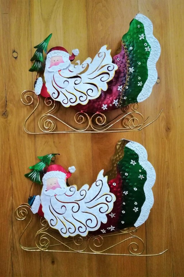 Preview of the first image of CHRISTMAS SANTA SLEIGHS 2 Large Metal Green Red Gold Gifts.