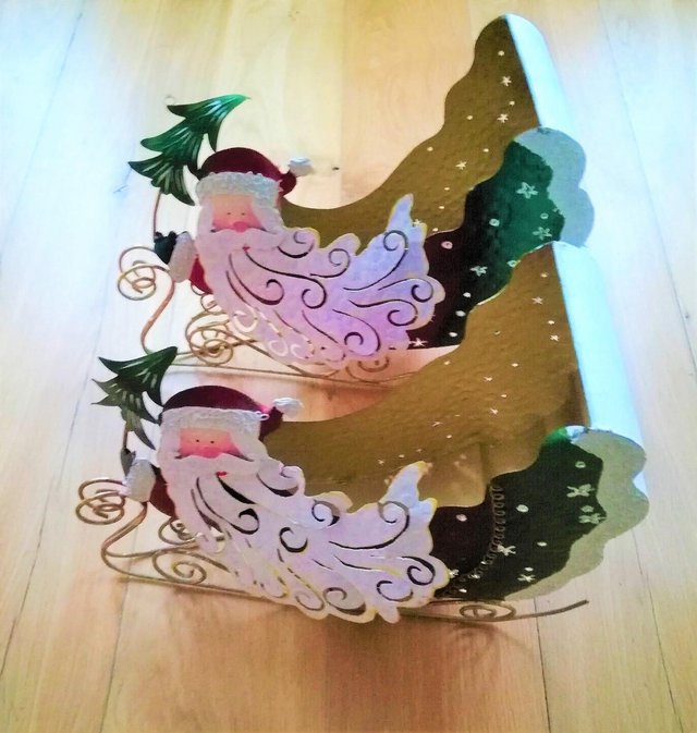 Image 2 of CHRISTMAS SANTA SLEIGHS 2 Large Metal Green Red Gold Gifts