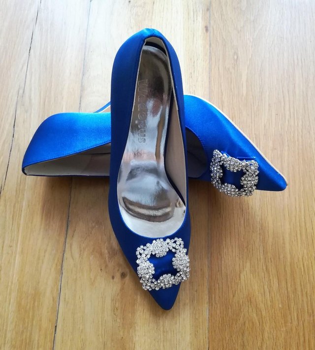 Preview of the first image of NEW DESIGNER WEDOPUS SHOES Royal Blue Satin Diamante.