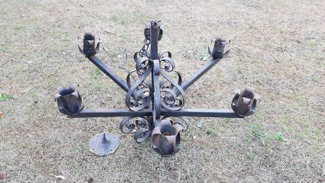 Image 2 of Wrought Iron 3-bulb Lampstand and 5-bulb Chandelier