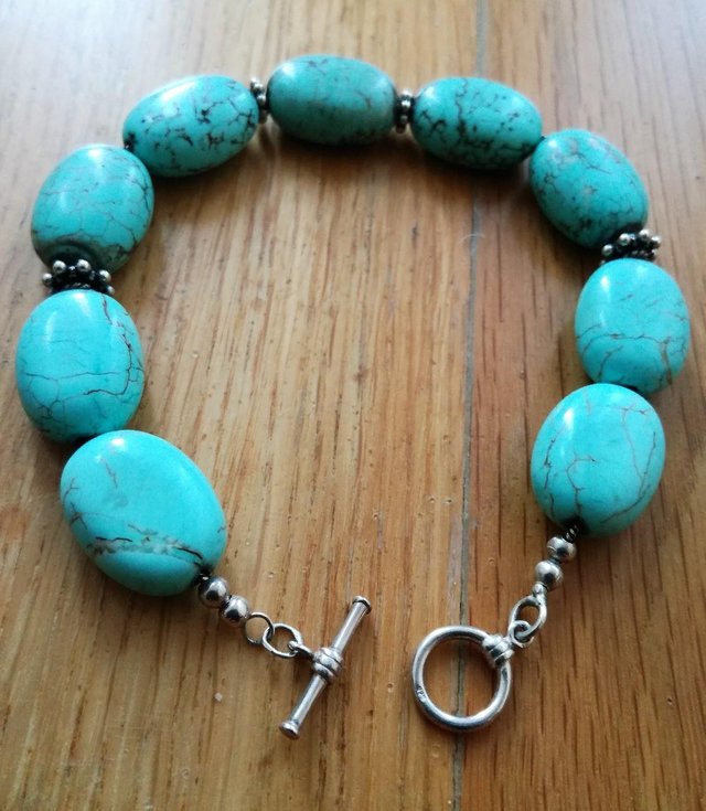 Preview of the first image of JEWELLERY 925 Silver Bracelet & Turquoise Stone Oval T-Bar.