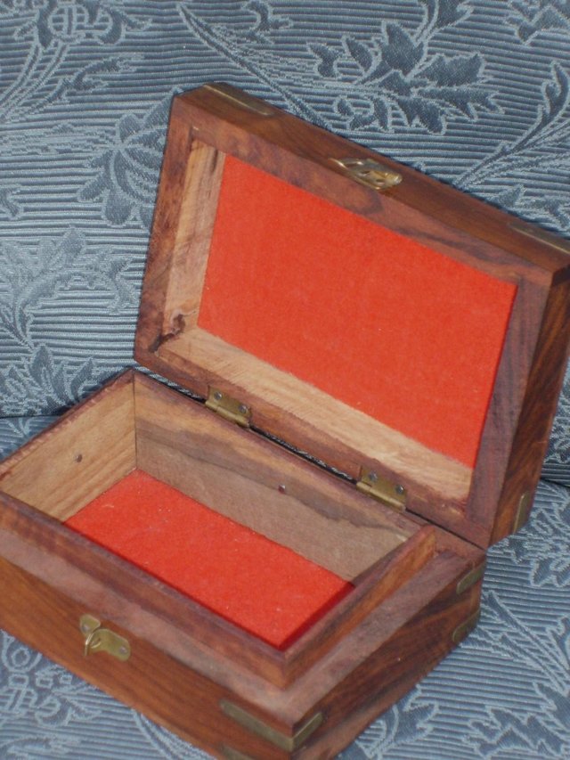 Image 2 of Carved Wood Box With Metal Inlay/Banding