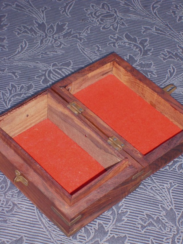 Image 3 of Carved Wood Box With Metal Inlay/Banding