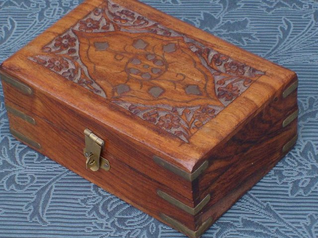 Preview of the first image of Carved Wood Box With Metal Inlay/Banding.