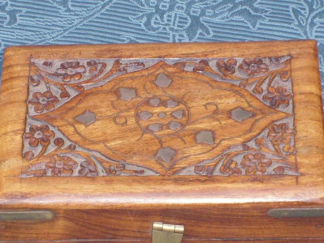 Image 5 of Carved Wood Box With Metal Inlay/Banding