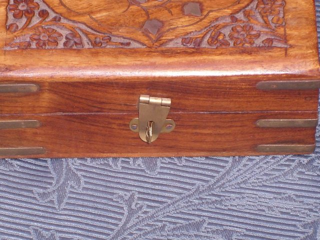 Image 6 of Carved Wood Box With Metal Inlay/Banding