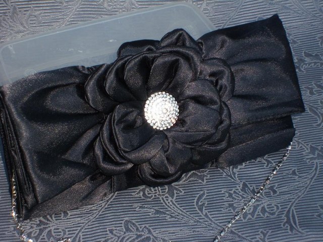 Preview of the first image of Black Satin Flower Envelope Clutch/ Bag – NEW!.