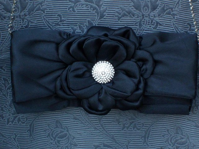 Image 4 of Black Satin Flower Envelope Clutch/ Bag – NEW!