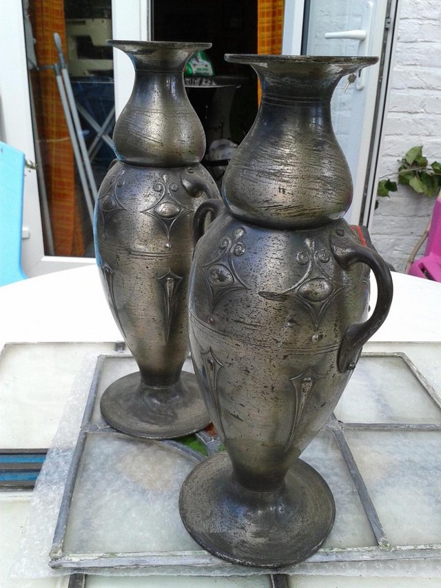 Preview of the first image of Pair of Pewter Flower Vases by KMD.
