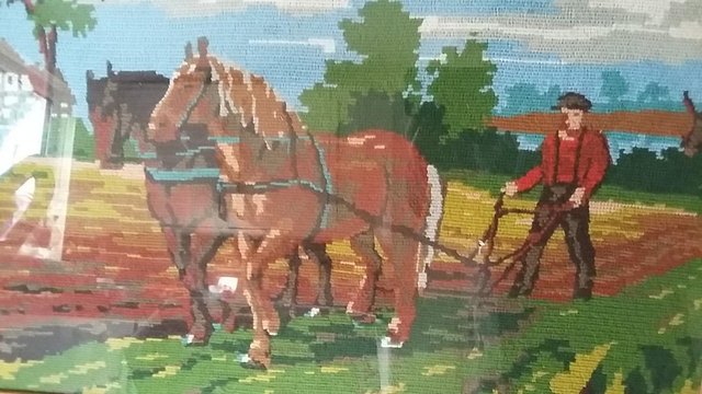 Image 2 of Hand Made Tapestry of Two Horses & Farmer Ploughing a Field