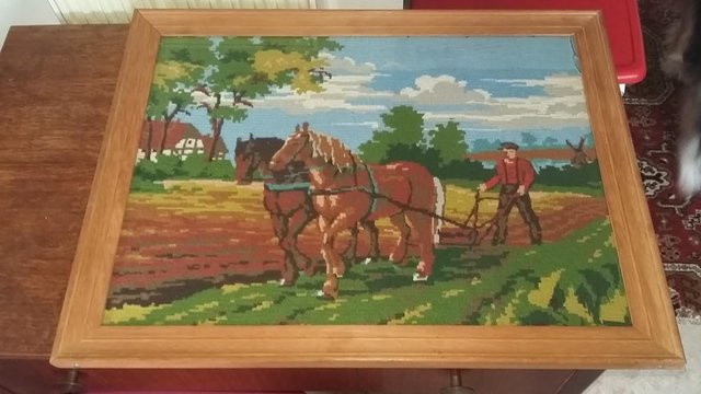 Preview of the first image of Hand Made Tapestry of Two Horses & Farmer Ploughing a Field.