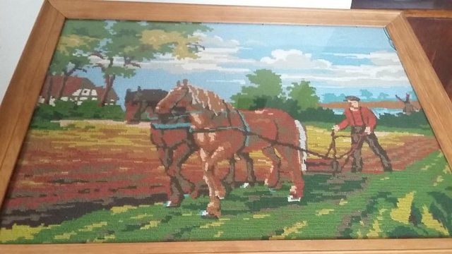 Image 3 of Hand Made Tapestry of Two Horses & Farmer Ploughing a Field