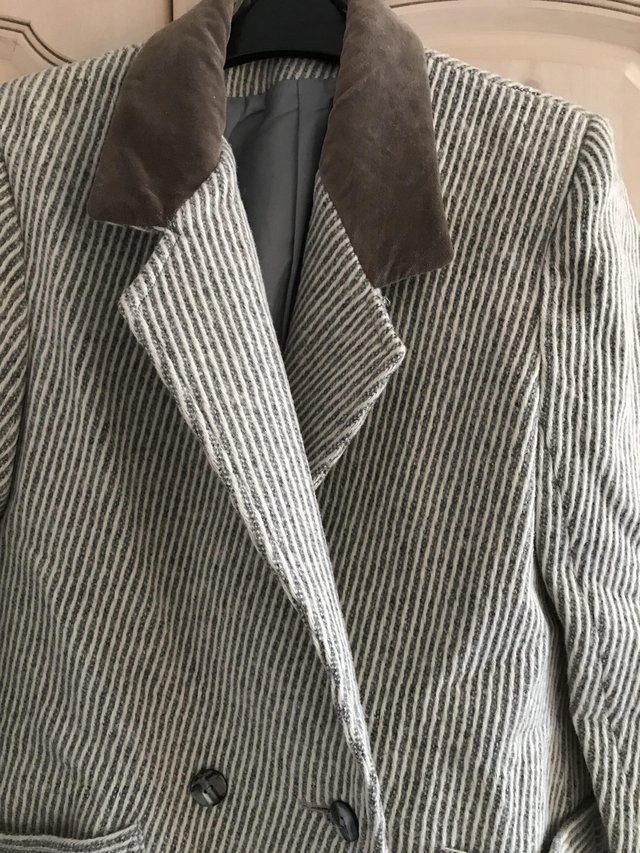 Preview of the first image of Grey//Natural diagonal stripe Coat with mink collar.