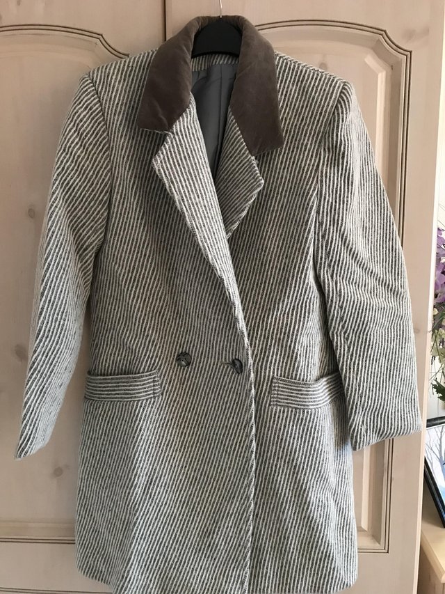 Image 2 of Grey//Natural diagonal stripe Coat with mink collar