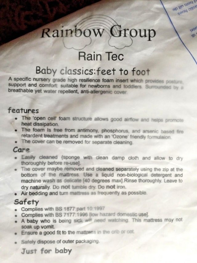 Image 2 of Rainbow Group Rain Tec Cot Mattress Nursery Grade
