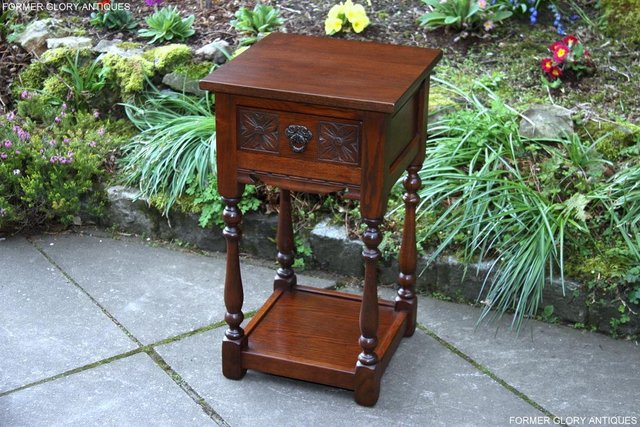 Image 3 of OLD CHARM TUDOR BROWN OAK HALL TABLE LAMP PLANT PHONE STAND