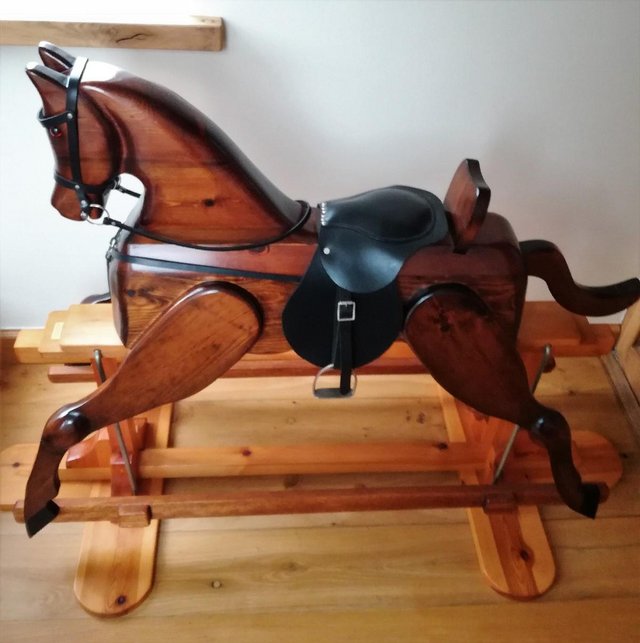 Preview of the first image of VINTAGE WOODEN ROCKING HORSE Tackle Bridle Stirrup Craft Toy.