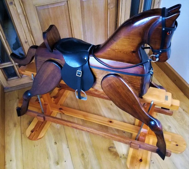 Image 3 of VINTAGE WOODEN ROCKING HORSE Tackle Bridle Stirrup Craft Toy