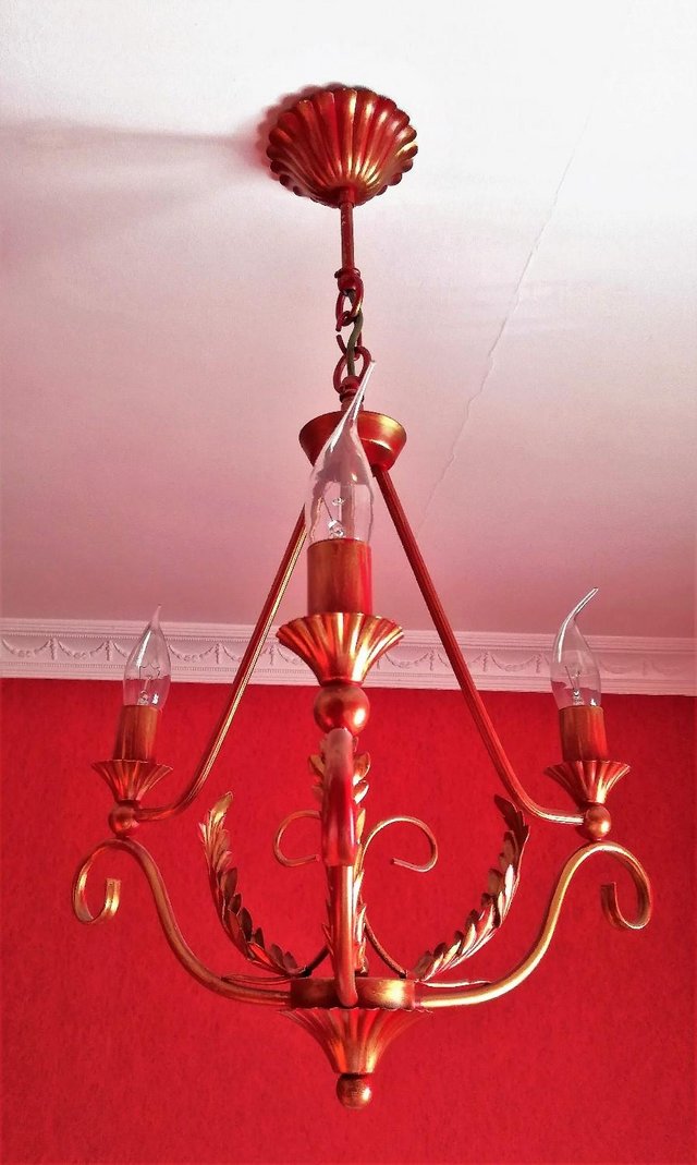 Preview of the first image of CHANDELIERS LIGHTING 3 ARM Red Gold Metal Leaf Filigree.