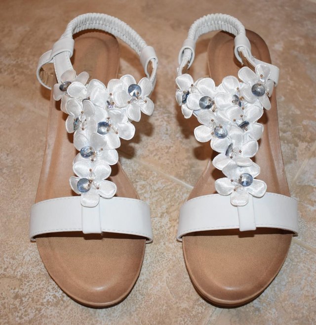Image 3 of Pretty White Leather Sandals, Sparkling Beads BRAND NEW