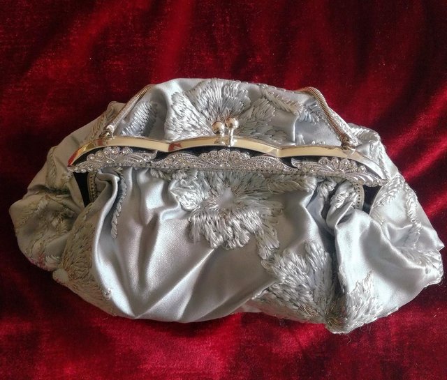 Preview of the first image of VINTAGE BAG EVENING PURSE Embroidered Diamante Grey Silk.