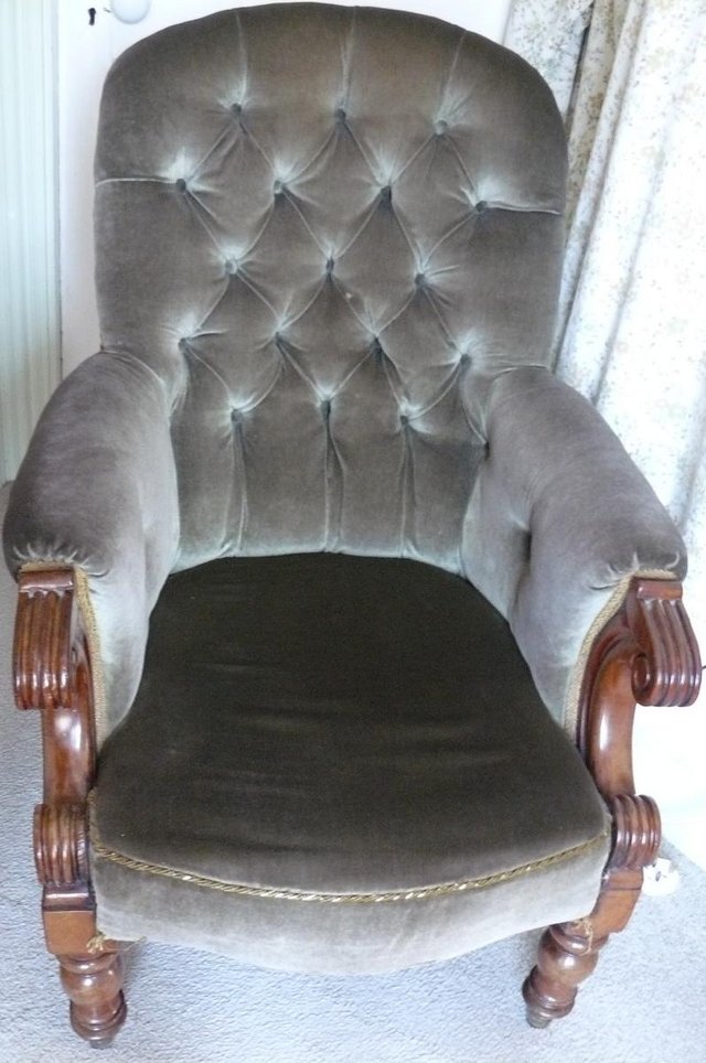 Preview of the first image of Button back, green velvet and mahogany chair, Victorian..